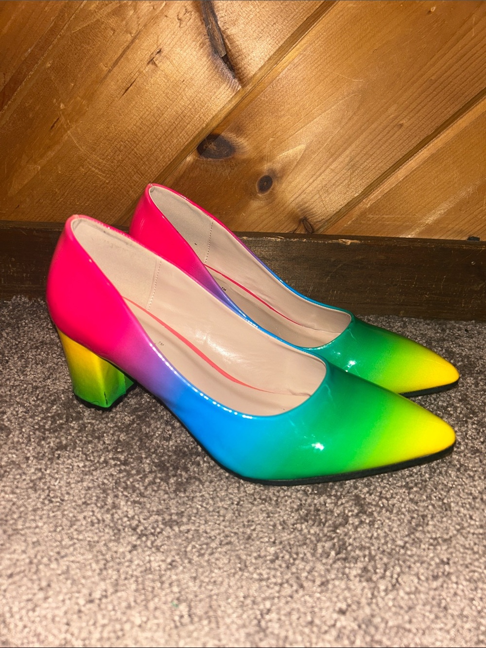 Angel Steps rainbow neon gradient patent block-heel pumps